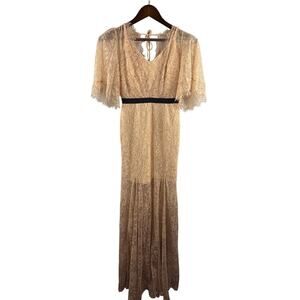 Women’s Lucy Wang Small Nude Floral Lace Maxi Dress w/ Black Belt